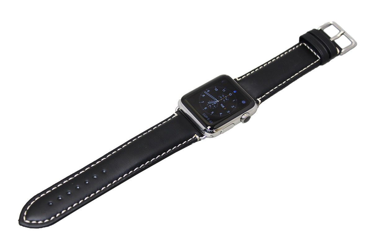 Mitri Genuine Leather Black Watch Strap With Contrast Stitching For Apple  Watch