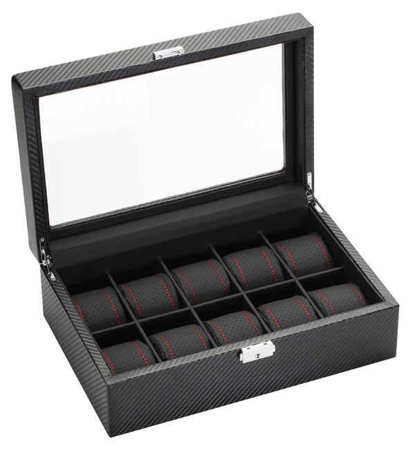 10 Piece Carbon Fiber Watch Box With Red Stitch Trim