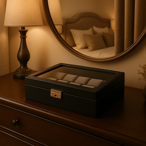 10-Piece Black Leather Watch Box with Grey Velvet Interior
