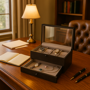 10-Slot Rustic Black Wood Watch Box with Extra Storage