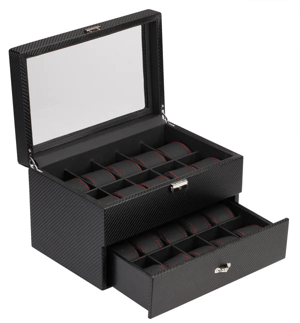 20 Piece Carbon Fiber Watch Box With Red Stitch Trim