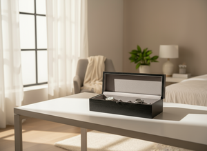 6-Piece Rustic Black Wood Watch Box with Charcoal Grey Suede Interior