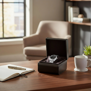 Diplomat Single Leather Watch Box – Black Onyx with Steel Gray Trim