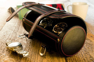 Diplomat 3-Piece Travel Watch Case – Black Leather