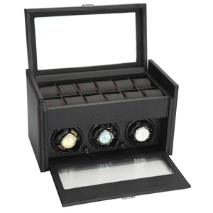 Diplomat Black Carbon Fiber Pattern 3 Watch Winder & 12 Watch Additional Storage