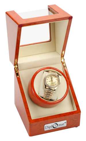 Diplomat burlwood Single Watch Winder For Large Faced Watches by WatchBoxCo