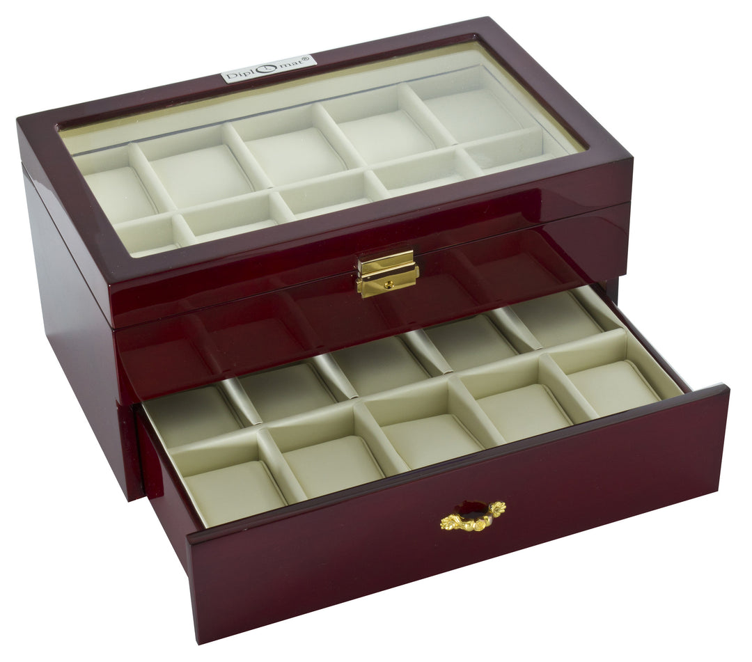 (20) Diplomat Glossy Rosewood Watch Box with See Through Clear Top ...