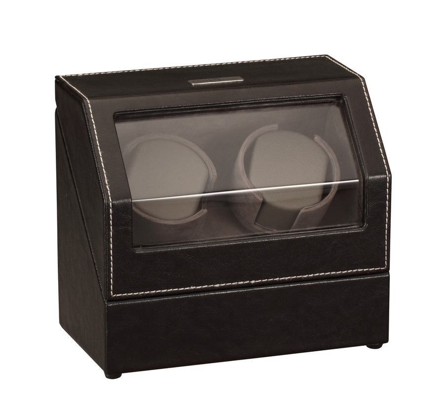 Diplomat Black Leather Double Watch Winder with Stitch Trim - Watch Box Co. - 1