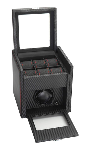 Diplomat Black Carbon Fiber Pattern Single Watch Winder & 6 Watch Additional Storage