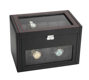 Diplomat Black Carbon Fiber Pattern Double Watch Winder & 10 Watch Additional Storage