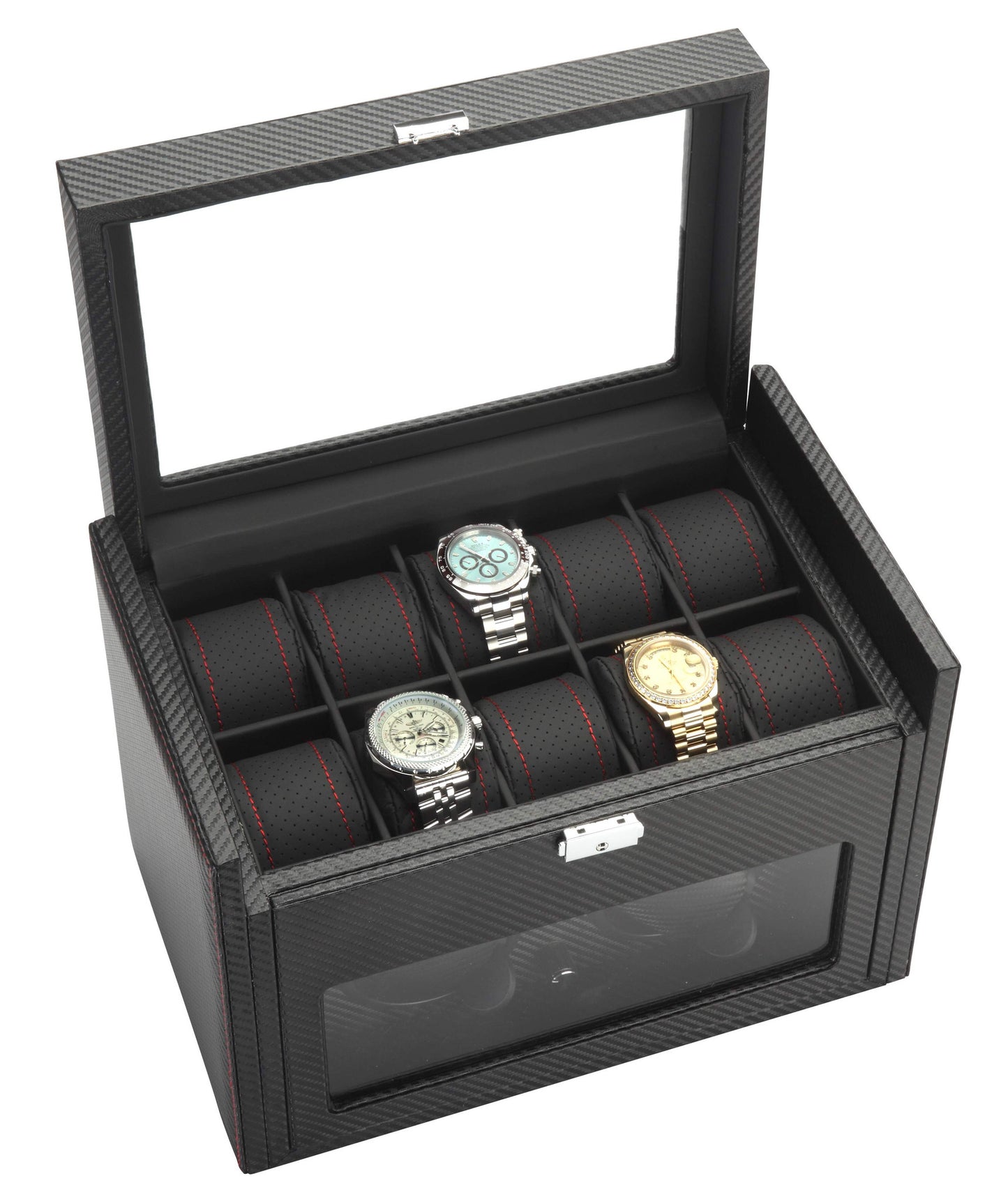 
                  
                    Diplomat Black Carbon Fiber Pattern Double Watch Winder & 10 Watch Additional Storage
                  
                