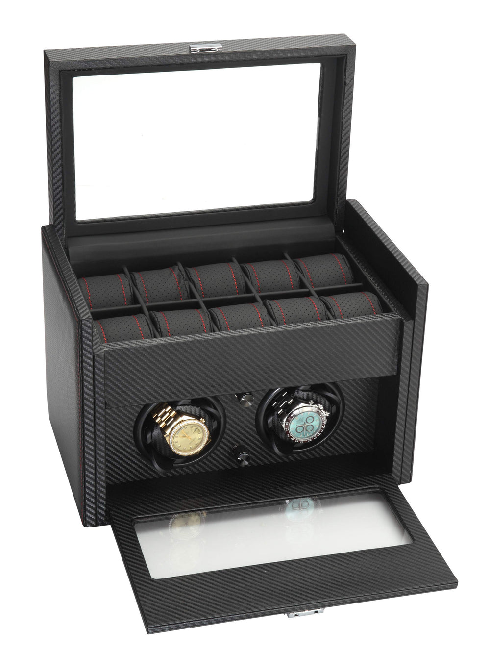 Diplomat Black Carbon Fiber Pattern Double Watch Winder & 10 Watch Additional Storage