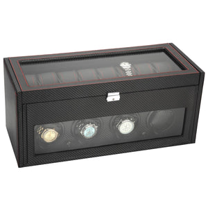 Diplomat Black Carbon Fiber Pattern Four Watch Winder & 16 Watch Additional Storage