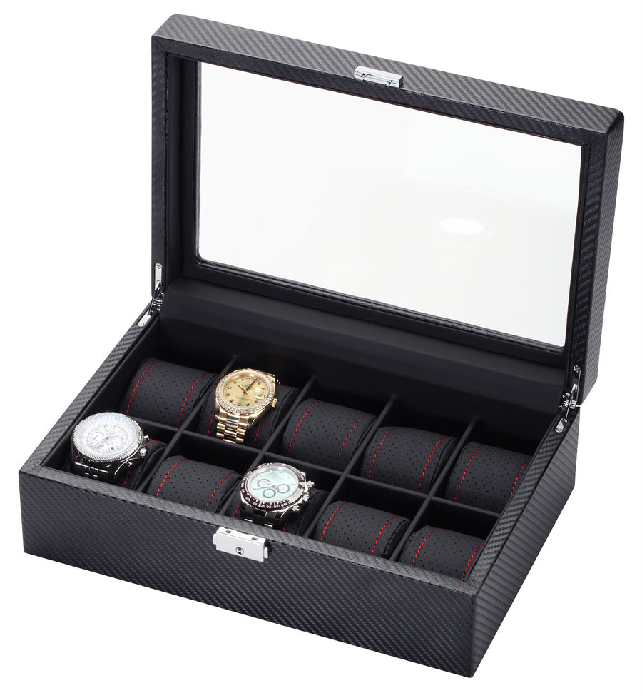 10 Piece Carbon Fiber Watch Box With Red Stitch Trim