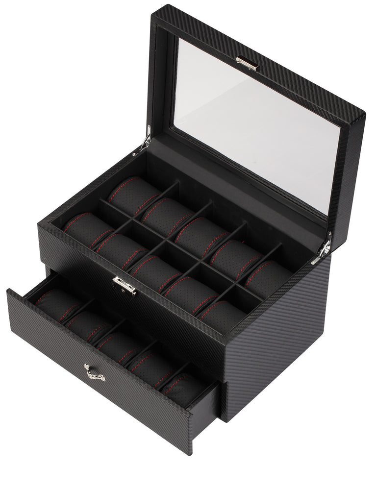 
                  
                    20 Piece Carbon Fiber Watch Box With Red Stitch Trim - Watch Box Co. - 3
                  
                