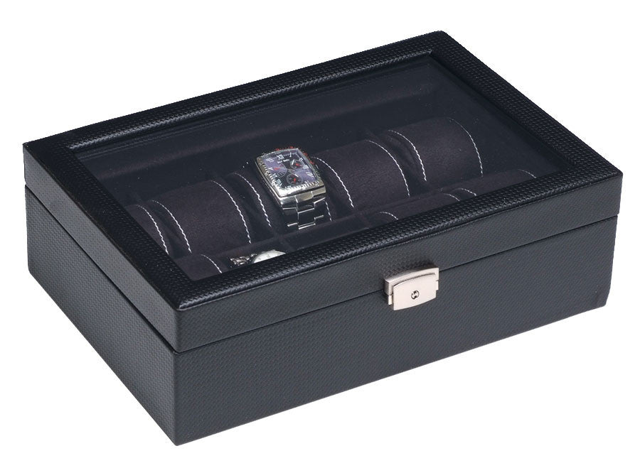 (10) Carbon Fiber Pattern Leather Watch Box with Glass Top - Watch Box Co. - 1