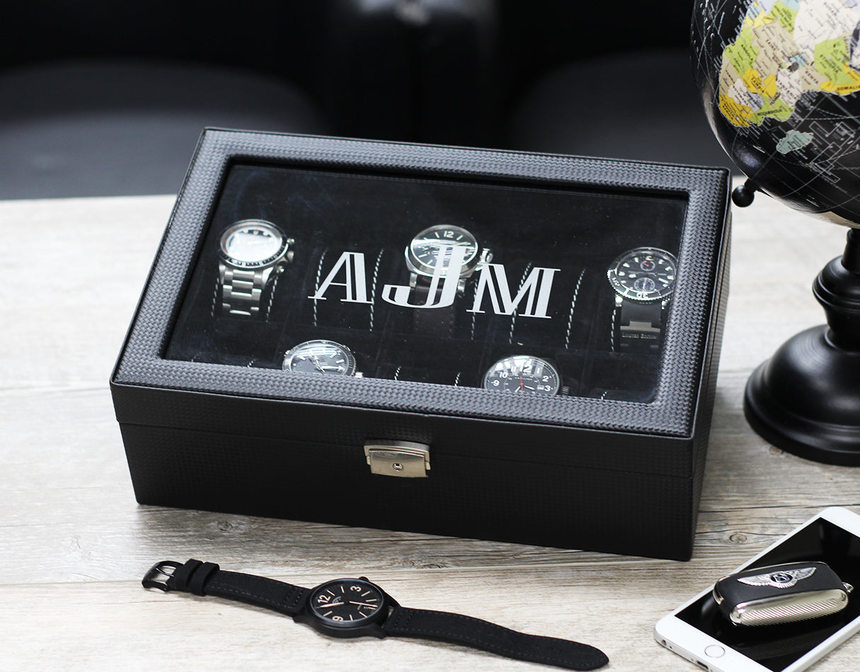 TAWBURY Luxury Watch Box Organizer 8 Slots Wrist Watch Storage Glass Lid  Drawer 
