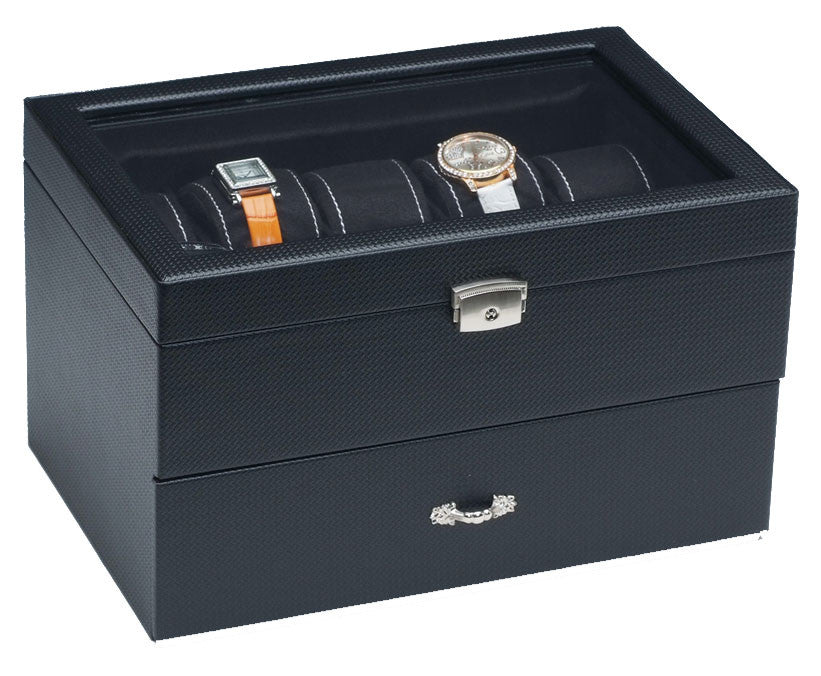 (20) Carbon Fiber Pattern Leather Watch Box with Glass Top - Watch Box Co. - 1