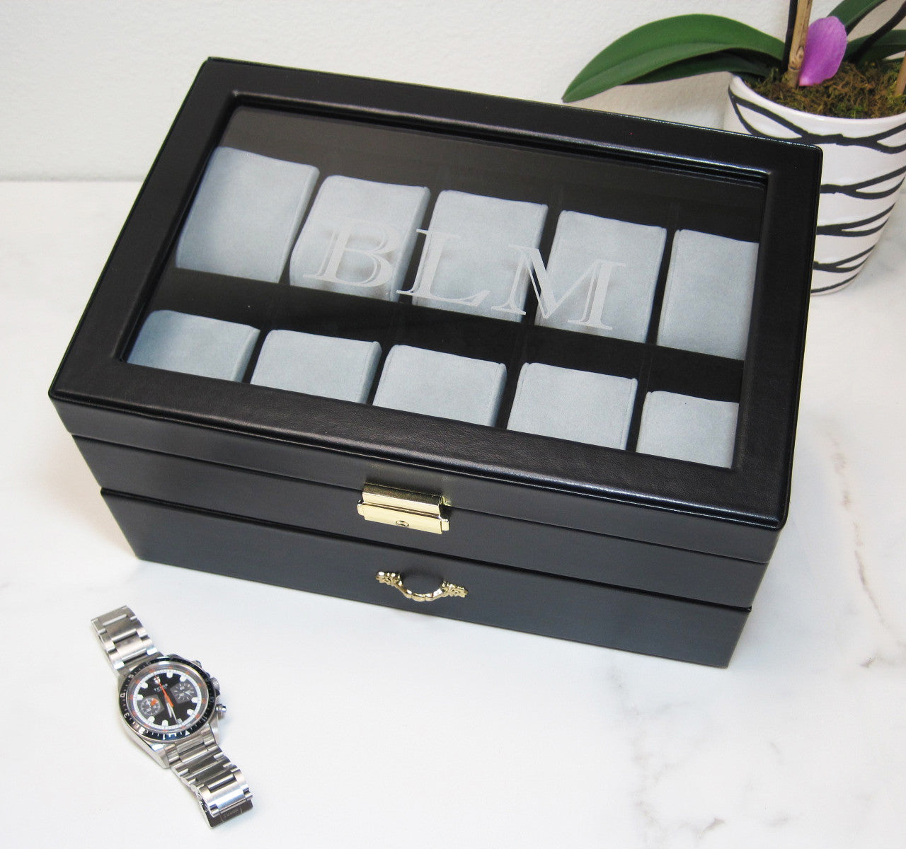 
                  
                    (20) Black Leather Watch Box with Clear Glass Top - Watch Box Co. - 3
                  
                