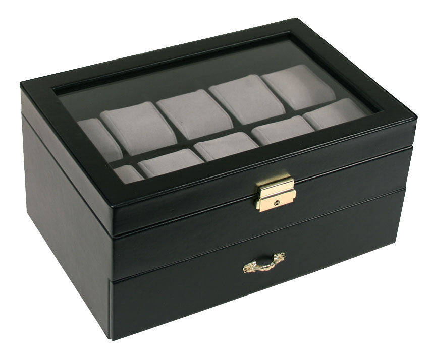 (20) Black Leather Watch Box with Clear Glass Top - Watch Box Co. - 1