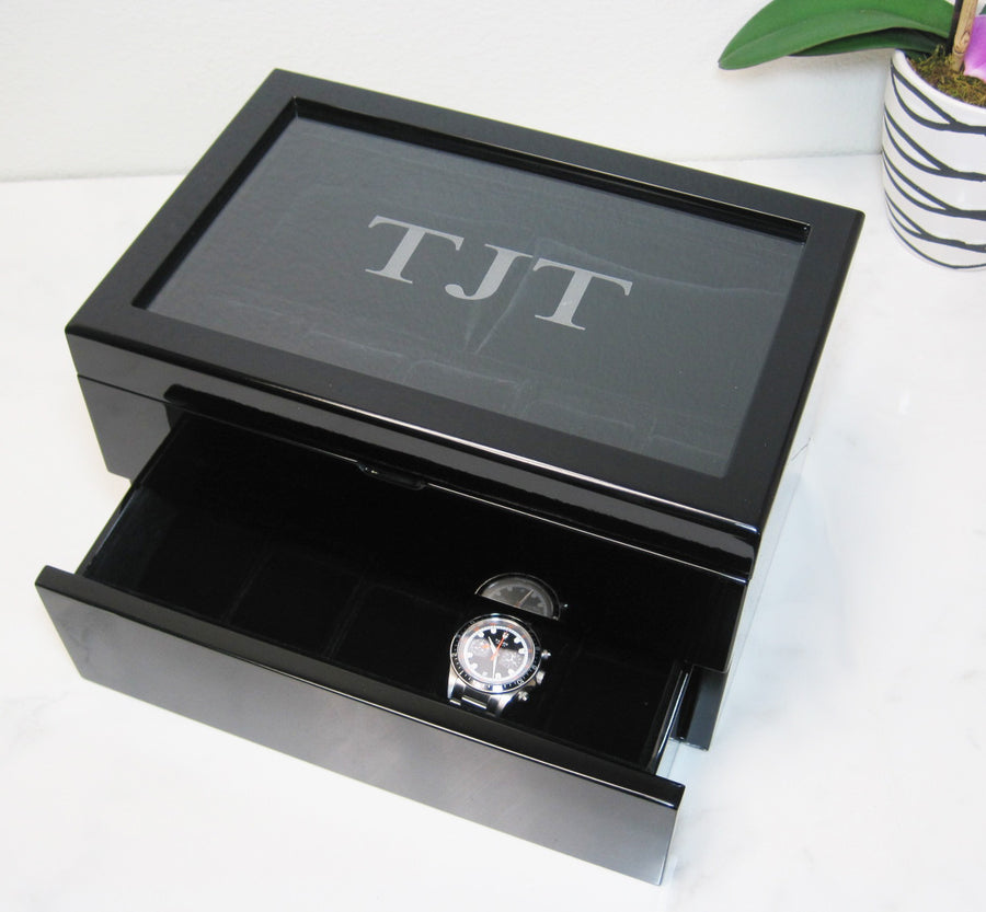 (17) Piano Black Wood Watch Box with Glass Top - Watch Box Co. - 1