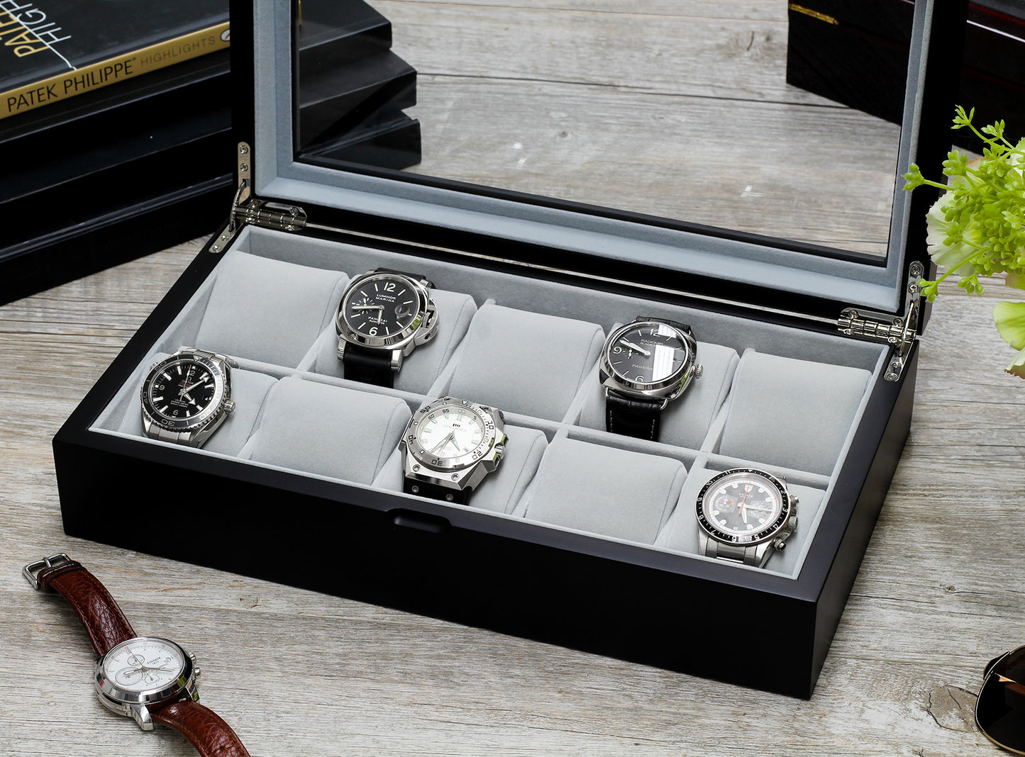 
                  
                    10 Satin Black Finish Wood Watch Box with Glass Top
                  
                