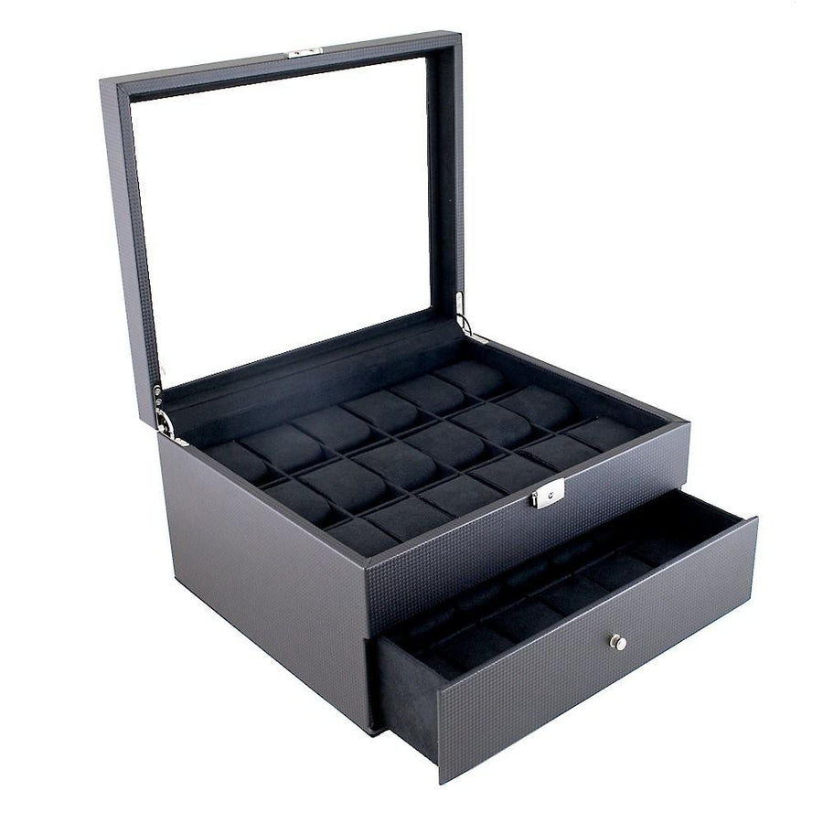 (36) Carbon Fiber Pattern Leather Watch Box with Glass Top - Watch Box Co. - 1